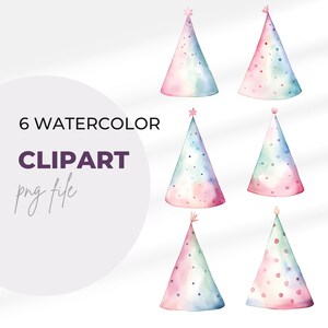 Watercolor Birthday Party Hat Clipart Bundle of 6  Digital Download PNG Graphics Commercial Use Transparent Background