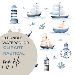 PNG Acquerello Nautico Oceano Clipart Pacchetto di 18 Download Digitale PNG Grafica Uso Commerciale Sfondo Trasparente Invito Blu