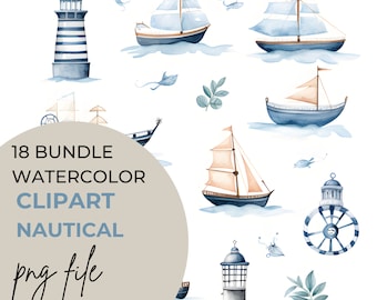 May include: A set of 18 watercolor nautical clipart images, including ships, lighthouses, and a wheel. The images are in shades of blue and white, with some brown accents. The text "18 BUNDLE WATERCOLOR CLIPART NAUTICAL png file" is in the center of the image.