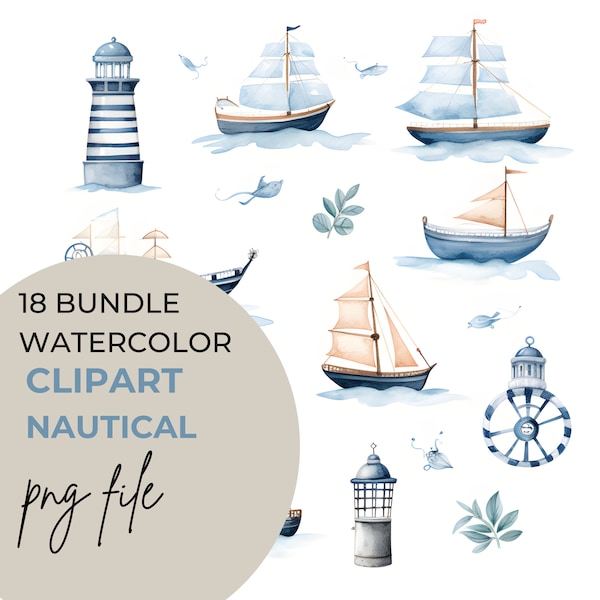 PNG Watercolor Nautical Ocean Clipart Bundle of 18  Digital Download PNG Graphics Commercial Use Transparent Background Blue Invitation