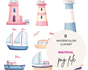Imágenes prediseñadas náuticas de acuarela PNG - Barcos en el océano en acuarela - Faro - Descarga digital para decoración infantil