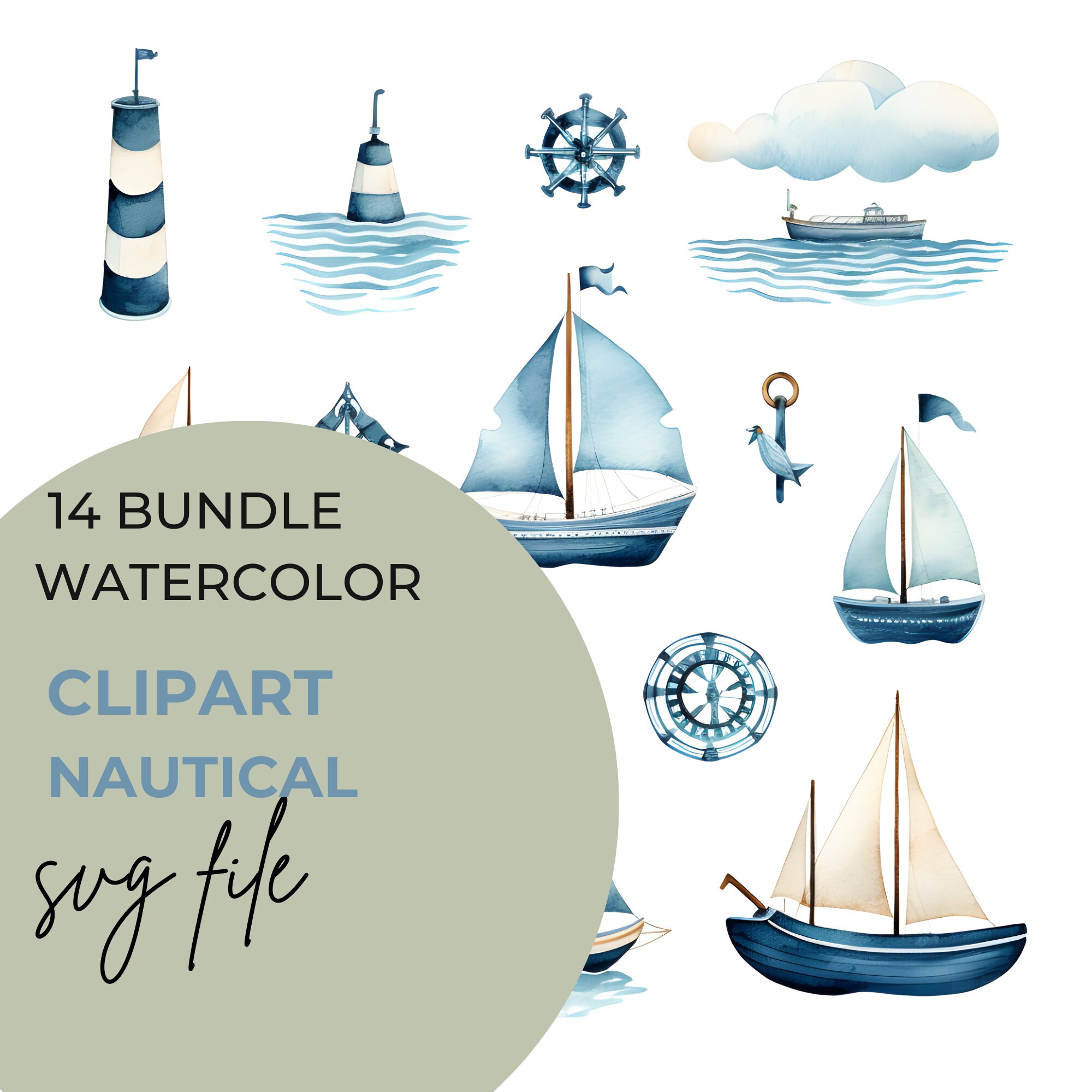 SVG Watercolor Nautical Ocean Clipart Bundle of 14 Digital Download ...