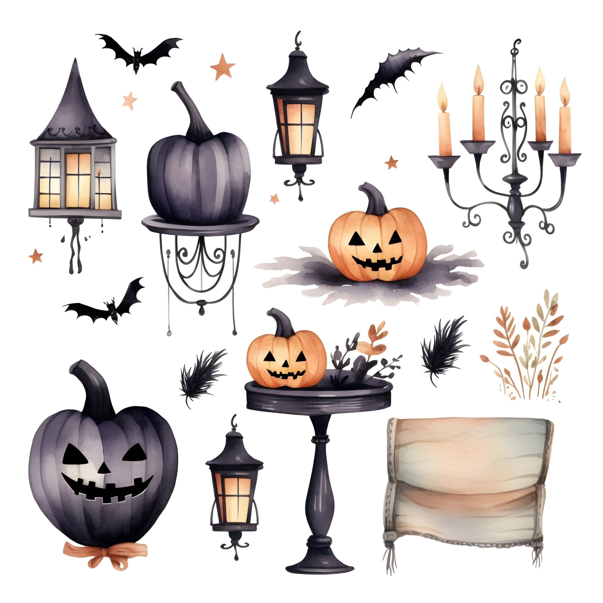 PNG Watercolor Halloween Clipart Bundle of 17 Pumpkin, Witch Hat ...