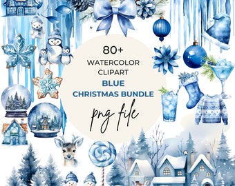 Blue Christmas Watercolor Clipart Bundle | Winter Holiday PNG Files (Instant Download)