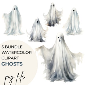 PNG Watercolor Halloween Clipart Bundle of 5 Ghosts  Transparent Background Digital Download Graphics Personal & Commercial Use