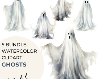 Boho Watercolor Ghost Clipart Bundle (5 PNG Files, Transparent Background) Halloween