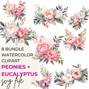 Greenery SVG Clipart | Bohemian Boho | Digital Download | Green Leaves | Boho| Eucalyptus Bouquet | Premade Peony Floral Clipart |Light Pink