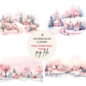 PNG clipart de inverno | Casas em aquarela | Download instantâneo de clipart de férias para uso comercial | Cenário de inverno |Natal rosa | Clipart festivo