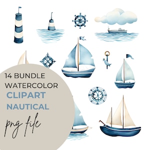 PNG Watercolor Nautical Ocean Clipart Bundle of 14 Digital Download PNG Graphics Commercial Use Transparent Background Blue Invitation