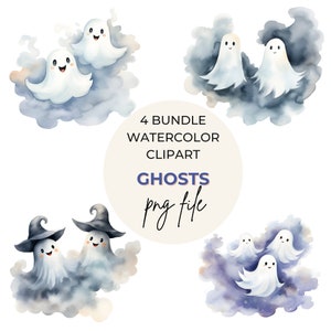PNG Watercolor Halloween Ghost Clipart Bundle | Transparent Background Digital Download | Graphics Personal & Commercial Use