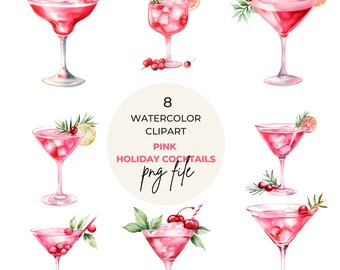 PNG Commercial Use | Holiday Drinks Watercolor Christmas Cocktail  Clipart Bundle of 8 Transparent Background Digital Download PNG Graphics