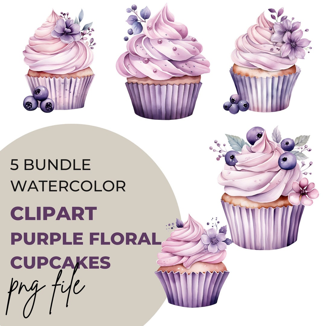 PNG Watercolor Birthday Wedding Floral Cupcakes Clipart Bundle of 5 ...