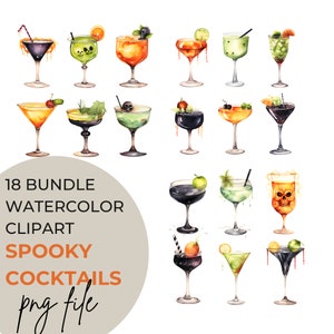May include: A set of 18 watercolor illustrations of spooky cocktails. The cocktails are in various colors, including green, orange, black, and red. They are decorated with various Halloween-themed elements, such as skulls, spiders, and bats. The illustrations are perfect for creating Halloween-themed designs, invitations, or party decorations.