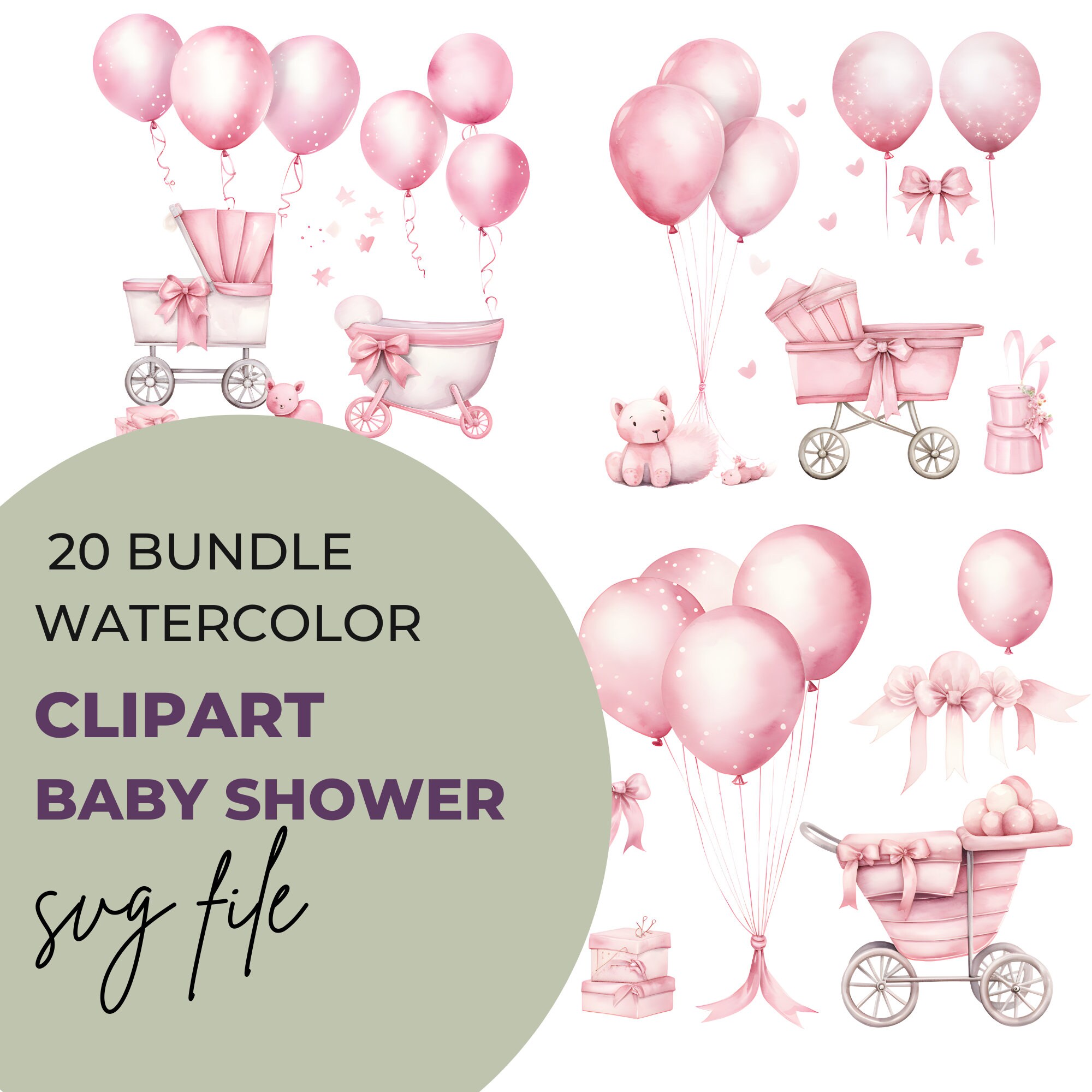 SVG Watercolor Pink Baby Shower Clipart Bundle of 20 Digital Download ...