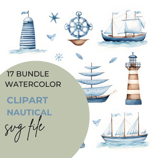 SVG Watercolor Nautical Ocean Clipart Bundle of 17 Digital Download Graphics Commercial Use Transparent Background Blue Invitation Boat Ship