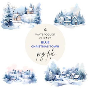 PNG-winterclipart | Aquarel huizen | Instant Download commercieel gebruik vakantie clipart | Winterlandschap |Blauwe kerst | Feestelijke clipart