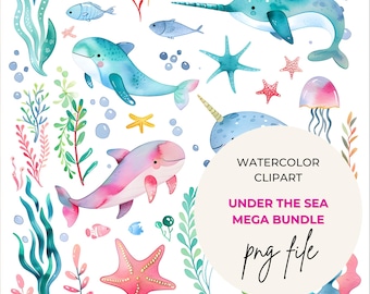 Imágenes prediseñadas náuticas de acuarela PNG - Animales marinos en acuarela - Criaturas marinas adorables - Descarga digital para decoración infantil