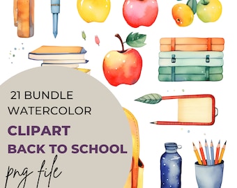 PNG Watercolor Clipart Bundle of 21 Back to School, Teacher, Transparent Background Digital Download Graphics  Commercial Use