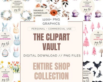 Entire Shop Watercolor Clipart Bundle, 800+ PNG Graphics, Commercial Use