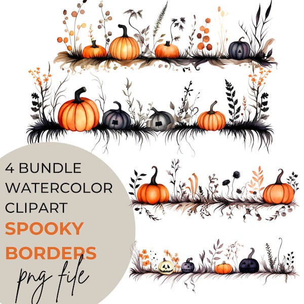 PNG Watercolor Halloween Border Clipart Bundle of 4 pumpkin Transparent Background Digital Download Graphics Personal & Commercial Use