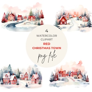 PNG Winter Clipart | Watercolor Houses |Instant Download Commercial Use Holiday Clipart | Winter Scenery |Red Christmas | Festive Clipart