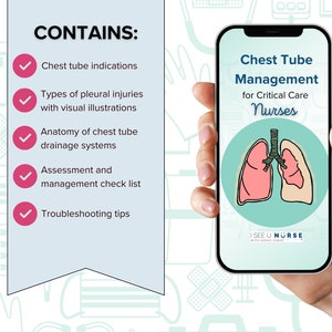 May include: A smartphone displaying a digital guide for nurses on chest tube management. The guide includes information on chest tube indications, types of pleural injuries, anatomy of chest tube drainage systems, assessment and management check list, and troubleshooting tips. The phone is held in a hand against a light blue background with medical icons.