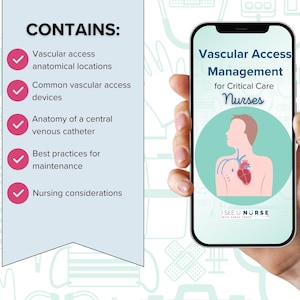 May include: A smartphone displaying a graphic of a human heart and veins with the text "Vascular Access Management for Critical Care Nurses" and the logo "ISEEU NURSE". The phone is being held by a hand. The background is a light blue pattern of medical equipment.