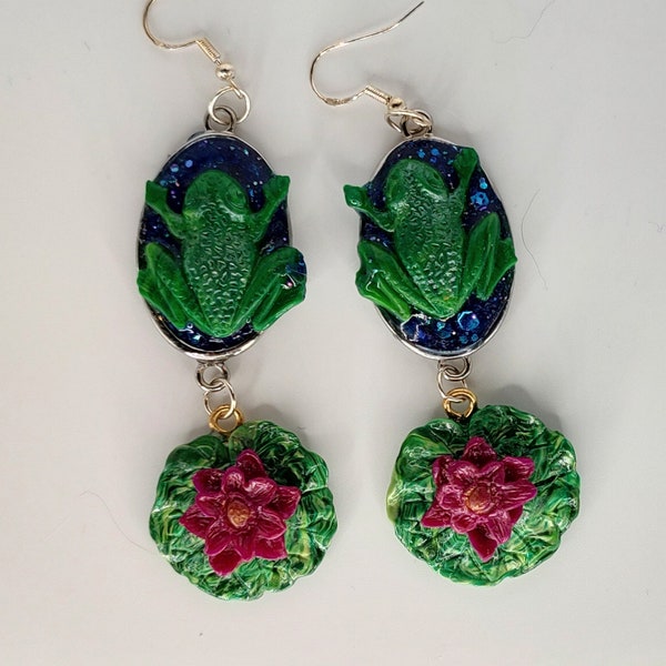 Clay and resin Double Drop Frog Earrings (Green Lilypad) Frog Con Exclusive!