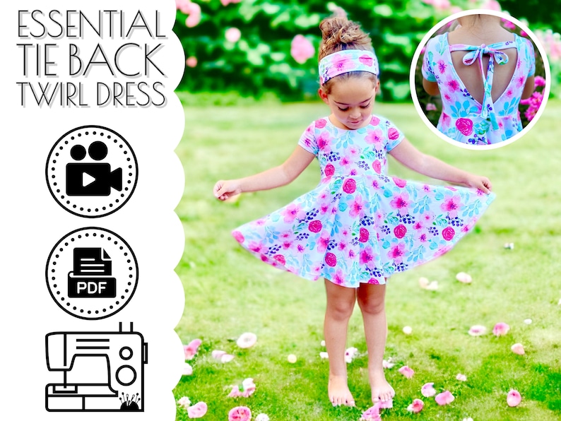 May include: A little girl wearing a pink and blue floral print dress with a tie back. The dress has short sleeves and a full skirt. The girl is standing in a grassy area with pink flowers on the ground. The image also includes a close-up of the back of the dress, showing the tie detail. The text "ESSENTIAL TIE BACK TWIRL DRESS" is at the top of the image.
