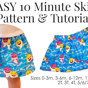May include: A tutorial for making a baby skirt in 10 minutes. The skirt is made of blue fabric with a baby shark print. The tutorial includes sizes from 0-3 months to 5/6/7/8.