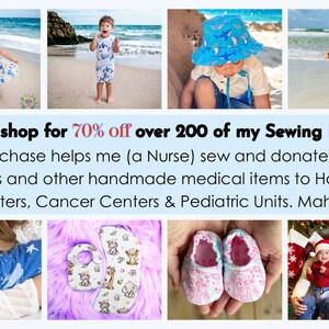 May include: A collage of images showcasing various sewing patterns for children's clothing. The images include a baby wearing a blue and white patterned outfit, a child wearing a blue and white shark-themed outfit, a child wearing a blue and white shark-themed hat, a child wearing a pink and white floral outfit, a baby wearing a blue and white patterned outfit, a pair of pink and white baby shoes, and a family wearing red and white Christmas outfits. The text "Visit my shop for 70% off over 200 of my Sewing Patterns!" is displayed at the top of the collage.