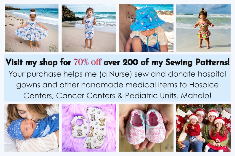 May include: A collage of images showcasing various sewing patterns for children's clothing. The images include a baby wearing a blue and white patterned outfit, a child wearing a blue and white shark-themed outfit, a child wearing a blue and white shark-themed hat, a child wearing a pink and white floral outfit, a baby wearing a blue and white patterned outfit, a pair of pink and white baby shoes, and a family wearing red and white Christmas outfits. The text "Visit my shop for 70% off over 200 of my Sewing Patterns!" is displayed at the top of the collage.