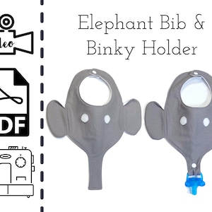 May include: A gray elephant bib with a white trim and two white buttons for eyes. The bib has a long tail that can be used to hold a pacifier. The text "Elephant Bib & Binky Holder" is written above the bibs.