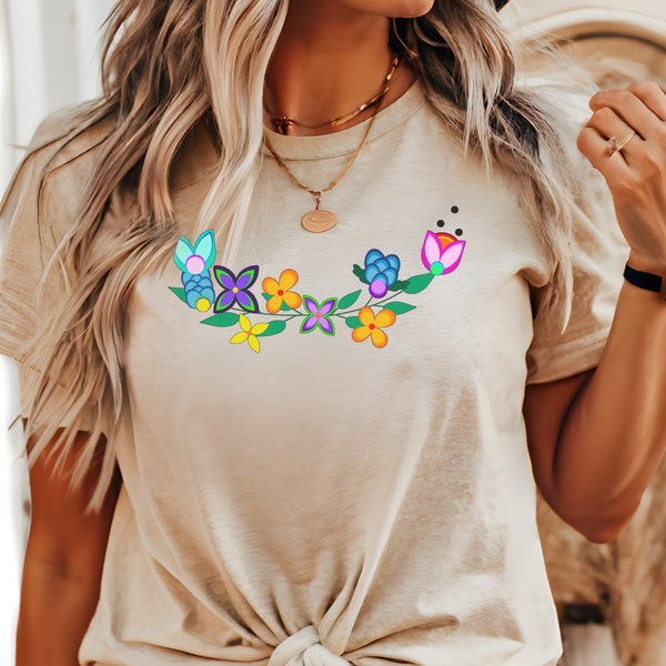 Woodland Floral Neck Pattern T-shirt, Ojibwe Flower shirt, Cree T Shirt, Indigenous owned shops in Canada, Top Sellers, Native Owned Shop