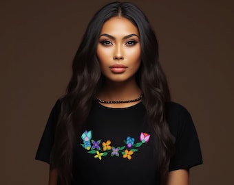 Woodland Floral Neck Pattern T-shirt, Ojibwe Flower shirt, Cree T Shirt, Indigenous owned shops in Canada, Top Sellers, Native Owned Shop