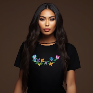Indigenous Owned Woodland Floral T-Shirt: Woodland Wildflowers Ojibwe and Cree Native Art Women's Clothing