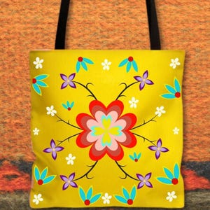 Indigenous Ojibwe Floral Tote featuring woodland wildflowers and soft sturdy strap from our trusted Native Shop in Canada