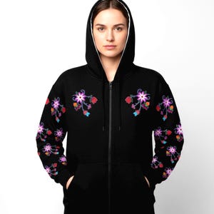 Indigenous Floral Zip Hoodie: Sleeve Detail Jacket, First Nation Flower Pattern, Unisex zip fleece sweater