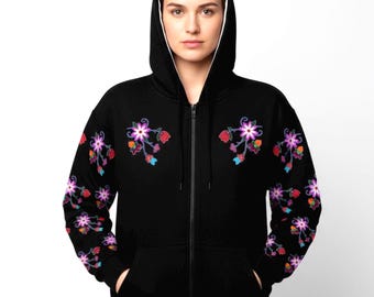 Indigenous Floral Zip Hoodie: Sleeve Detail Jacket, First Nation Flower Pattern, Unisex zip fleece sweater