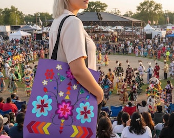 Mauve Floral Tote Bag: Indigenous Geometric Design, Powwow Style