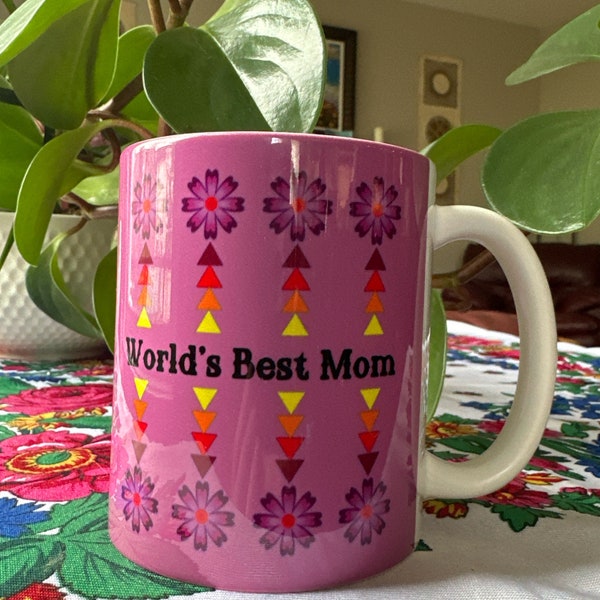 Pink Mother’s Day Native Floral Mug, Our Indigenous Owned Shop Presents: Ojibwe Flower Print, World's Best Mom 11 oz. Ceramic Mug