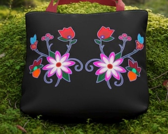 Ojibwe Floral Tote Bag: Indigenous Design, Cute Travel Carry-on fits everything, sturdy enough for laptop and textbooks!