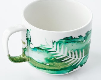 Hand Painted Ceramic Mug - 12 oz. - Green and Gold Palm Leaf