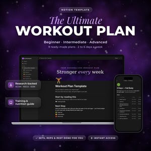 Plantilla de plan de entrenamiento de Notion / Programa de entrenamiento en el gimnasio y seguimiento del progreso / De principiante a avanzado