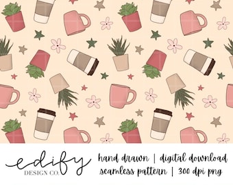 coffee and succulents | seamless pattern | hand drawn | digital download | 12" by 12" | 300 dpi png | boho | digital design for print gifts