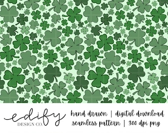 shamrocks | four leaf clovers | seamless pattern | hand drawn | digital download | 12" by 12" | 300 dpi png | digital design for print gifts