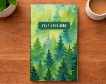 Personalized Forest Notebook – Custom Name Journal – Watercolor Pine Trees – Nature Notebook Gift