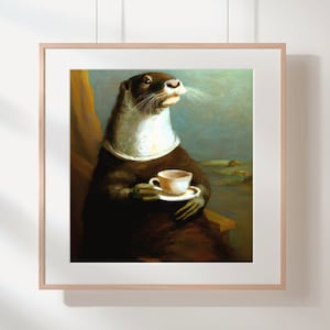 Dutch Baroque Otter Drinking Coffee Art Print, Whimsical Animal Art, Home Decor, Wall Art, Fine Art Print, Unique Gift
