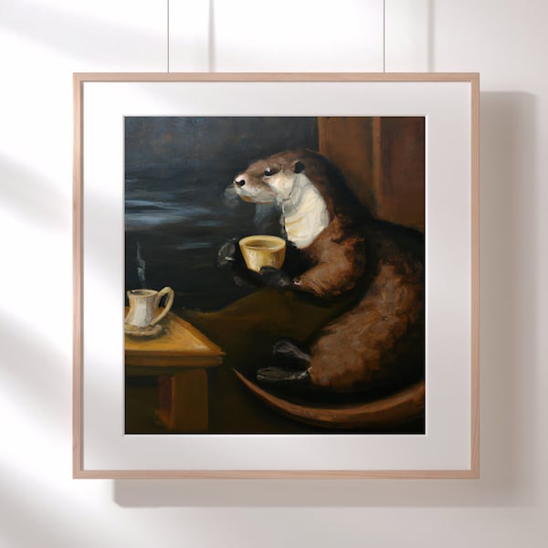 Whimsical Otter Drinking Coffee - Dutch Baroque Style Oil Painting Print - Satirical Animal Art - Home Decor Wall Art