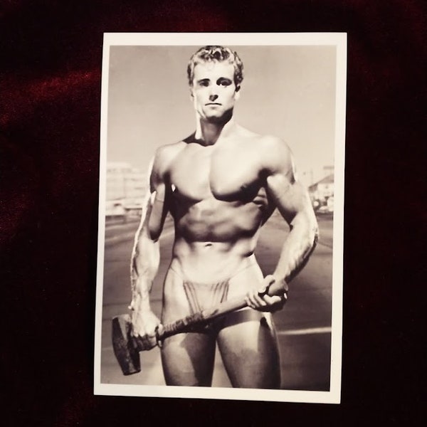 Vintage Bodybuilder w prop, Imperfect Gay int Photo printed 1990s , fit gorgeous beefcake muscular physique male guy picture jock bulge #B5